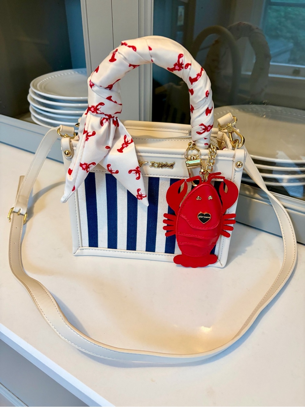Betsey Johnson White & Navy Striped Crossbody with Red Lobster Charm